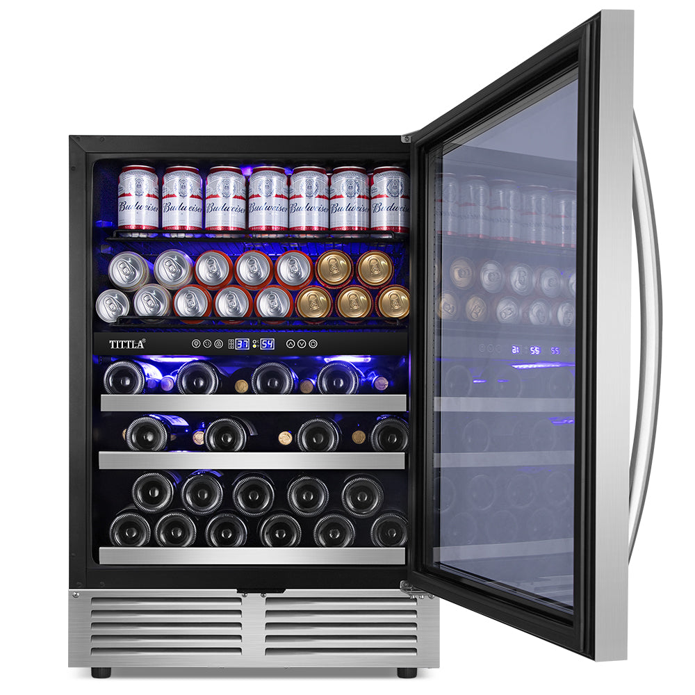 24" 27 Bottle 94 Can Dual Zone Reversible Door Hinged Wine and Beverage Refrigerator with Interior Blue LED Lights