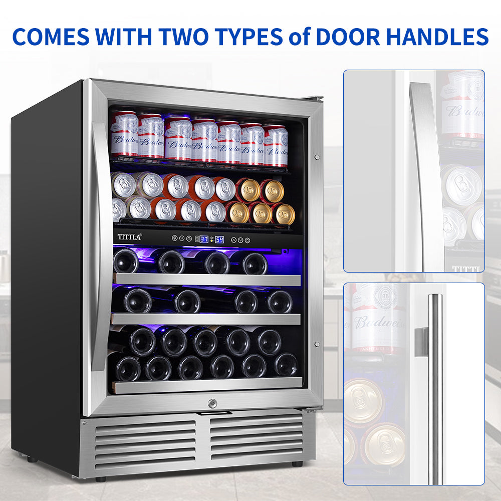 24" 27 Bottle 94 Can Dual Zone Reversible Door Hinged Wine and Beverage Refrigerator with Interior Blue LED Lights