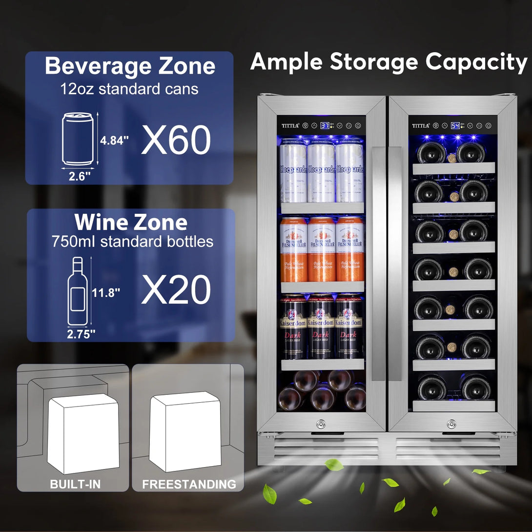 Tittla 24 Inch Wine and Beverage Refrigerators Cooler,18-Wine Bottles and 57 Cans,Dual Zone,Under Counter - Tylza