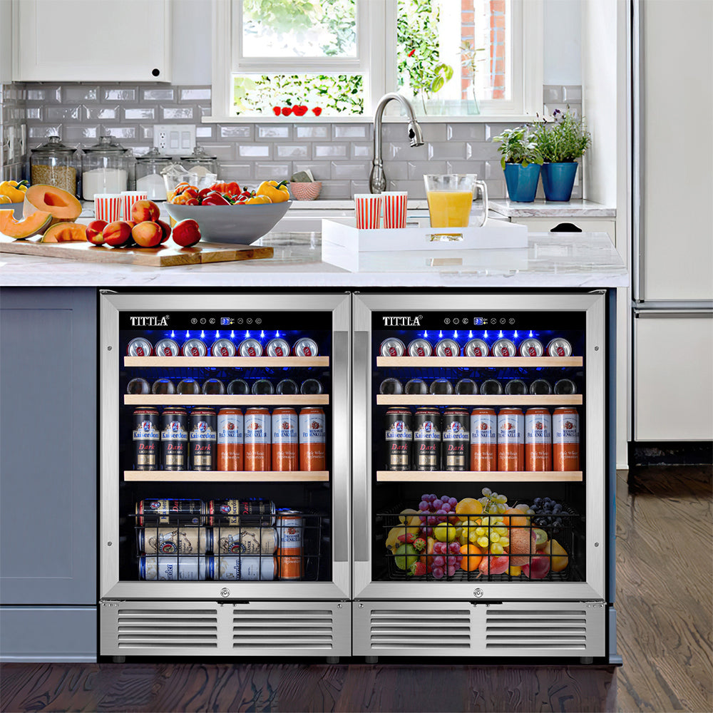 48"Beverage Refrigerator 300 Can Dual Zone Built-In Split Beer Cooler with Two Bottom Baskets, Reversible Door