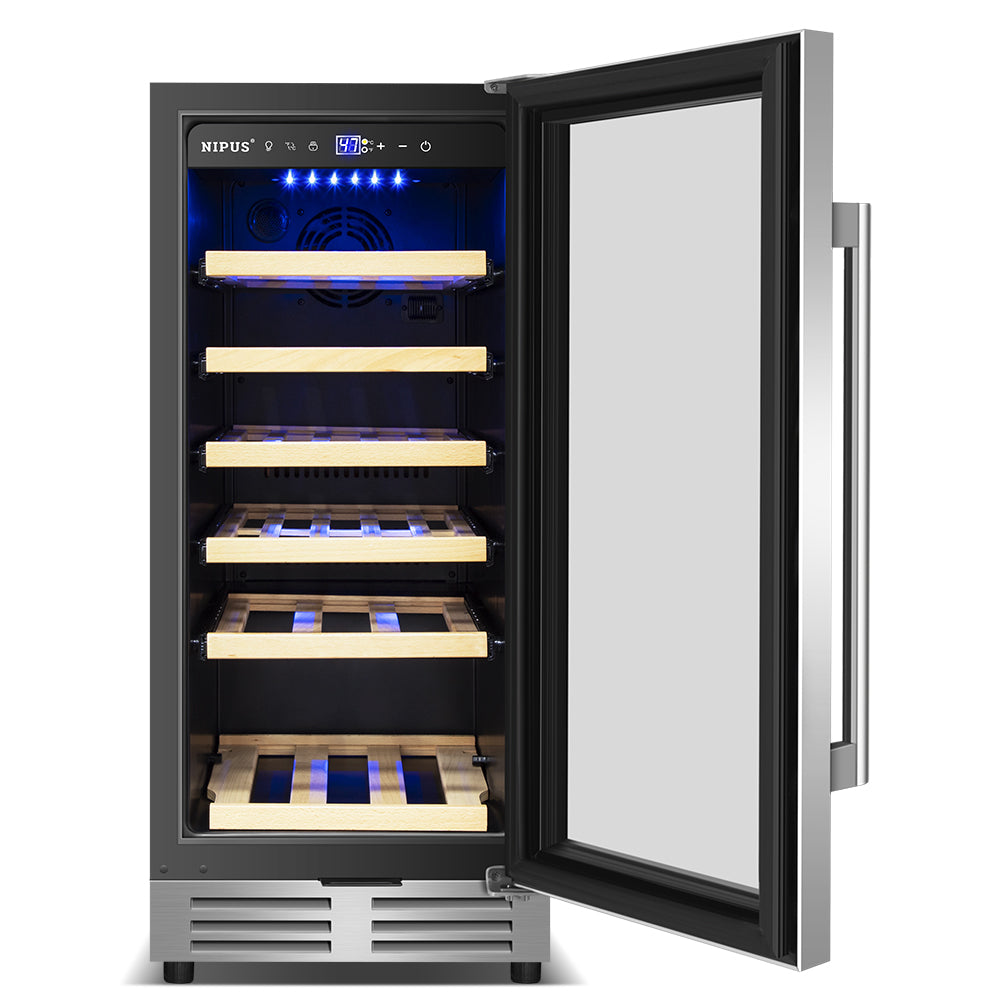 15" Silver Wine Cooler - 30 Bottle Capacity, Built-In or Freestanding, Single Zone Temperature Control.