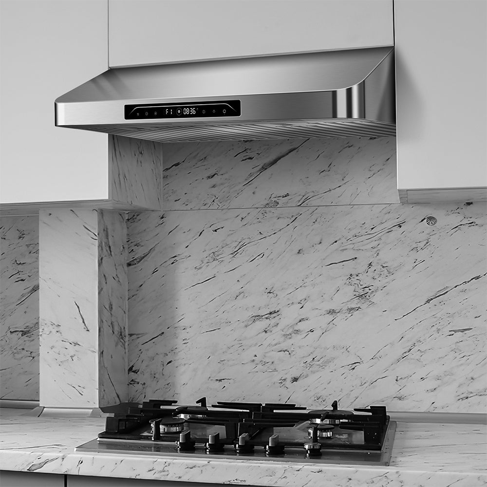 30” 900 CFM Ducted (Vented) Under Cabinet Range Hood with Gesture Sensing and Touch Controls, Silver.
