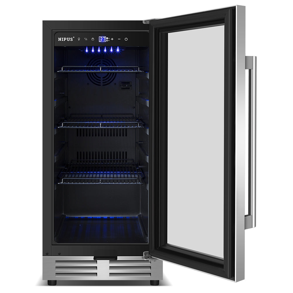 15" Single Zone Beverage Refrigerator - 130-Can Capacity, Built-In or Freestanding, with 3 Adjustable Wire Shelves.
