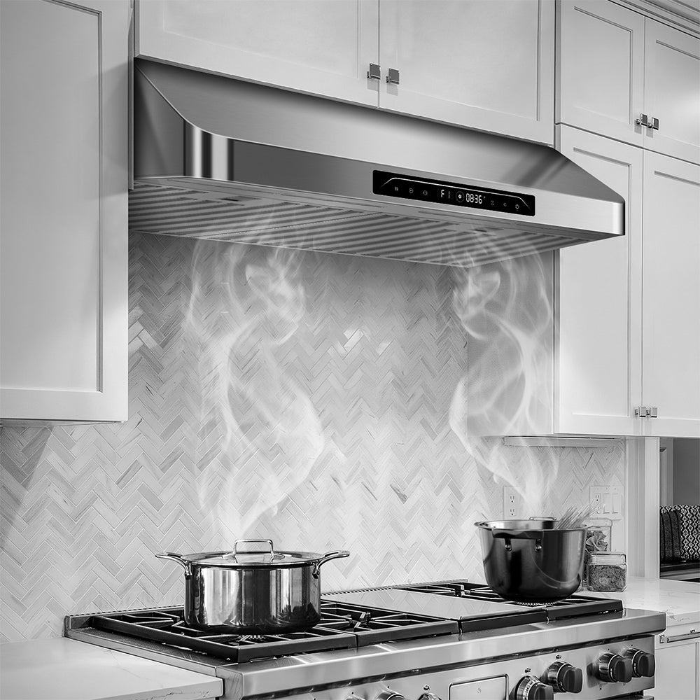 30” 900 CFM Ducted (Vented) Under Cabinet Range Hood with Gesture Sensing and Touch Controls, Silver.