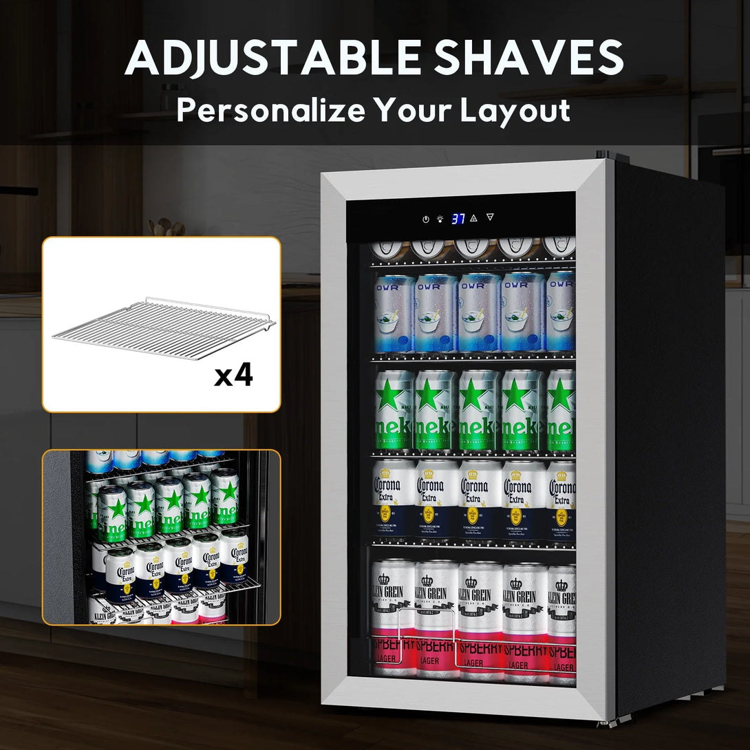 TITTLA 130 Can Beverage Refrigerator with Glass Door,3.2 Cu.ft Wine Coolers,Touch Control Panel On the Glass,Freestanding Mini Fridge,Silver - Tylza