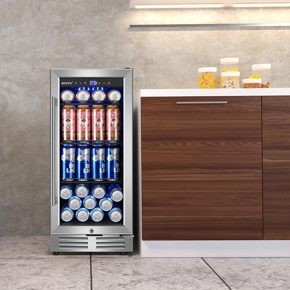 15" Single Zone 130-Can Built-In and Freestanding Beverage Refrigerator with Three Adjustable Wire Shelves