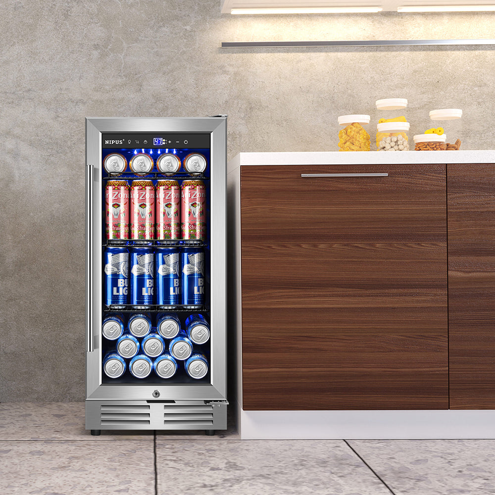 15" Single Zone Beverage Refrigerator - 130-Can Capacity, Built-In or Freestanding, with 3 Adjustable Wire Shelves.