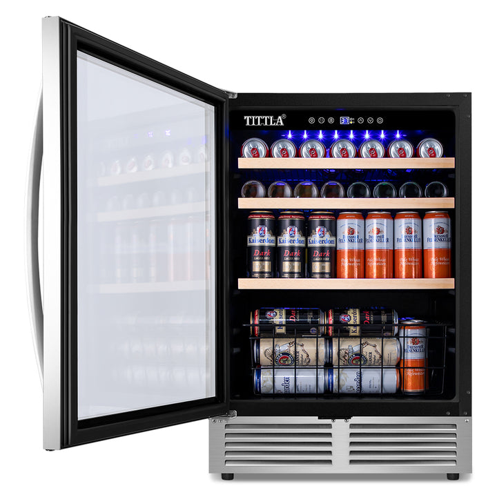 24'' Single Zone 150-Can Capacity Reversible Door Hinged Beverage Refrigerator with Bottom Basket and Stainless Steel Finish.