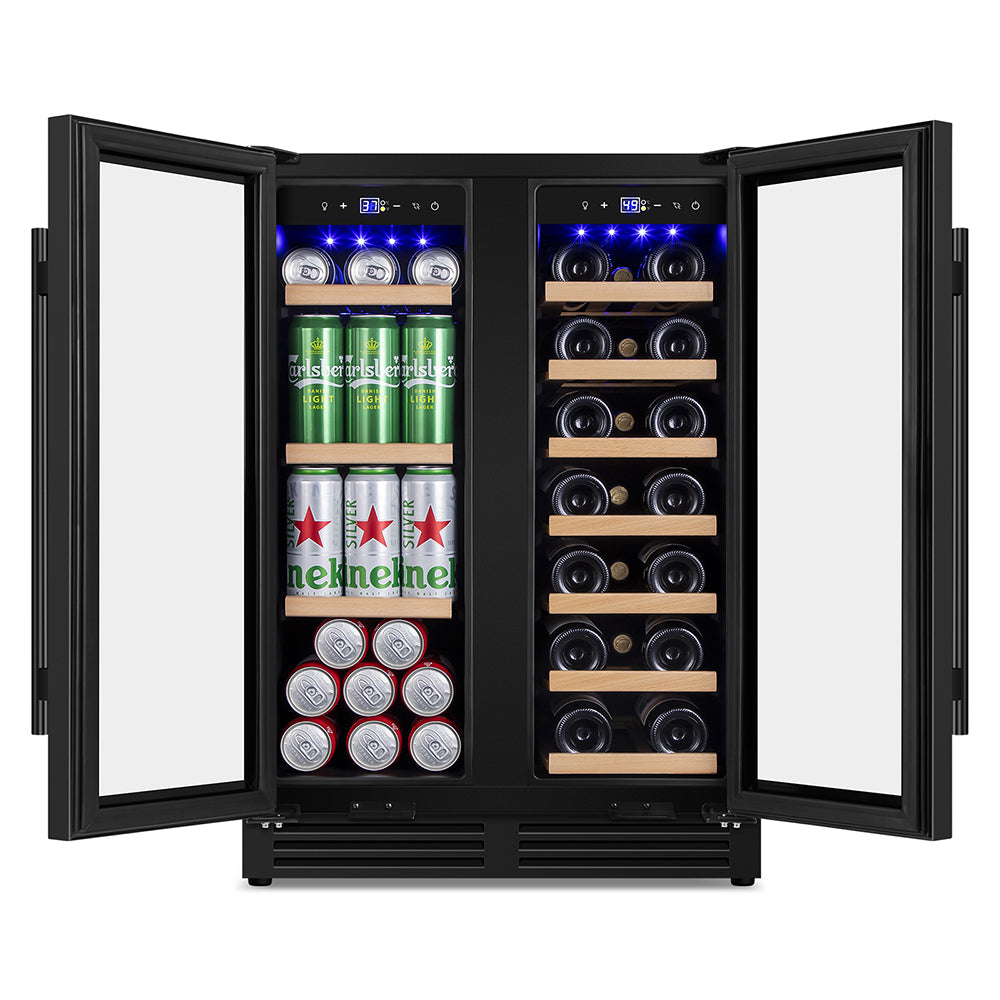 24'' Undercounter Dual Zone Wine and Beverage Refrigerator 20-Bottle & 60-Can, Built-In or Freestanding, Black Classic Beverage Wine Cooler