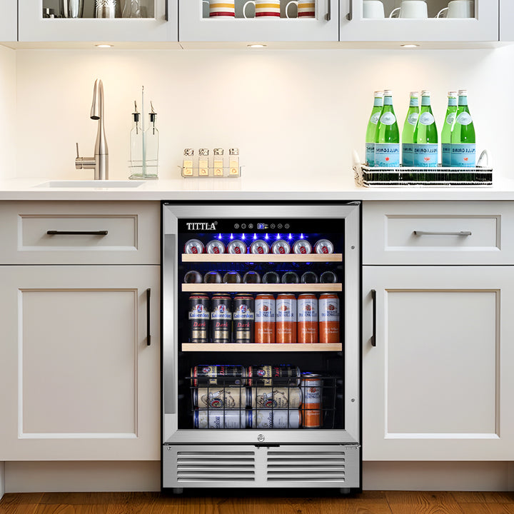 24'' Single Zone 150-Can Capacity Reversible Door Hinged Beverage Refrigerator with Bottom Basket and Stainless Steel Finish.