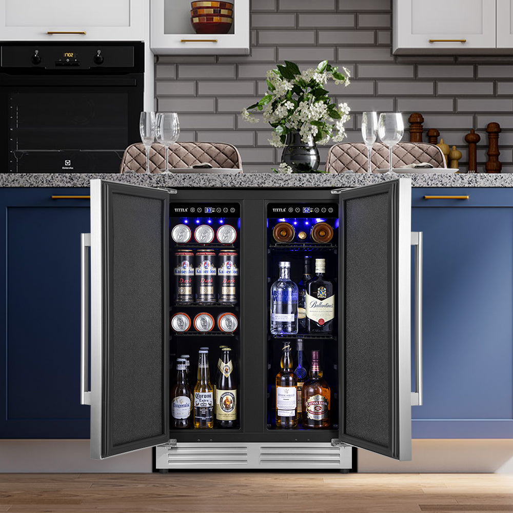 24" 114 Cans Built-in and Freestanding French Dual Door Beverage and Beer Cooler Refrigerator