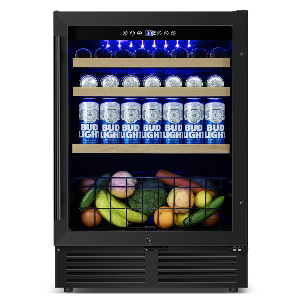 24” Black Classic Undercounter 160-Can Beer and Beverage Refrigerator with Metal Basket, Reversible Glass Door.