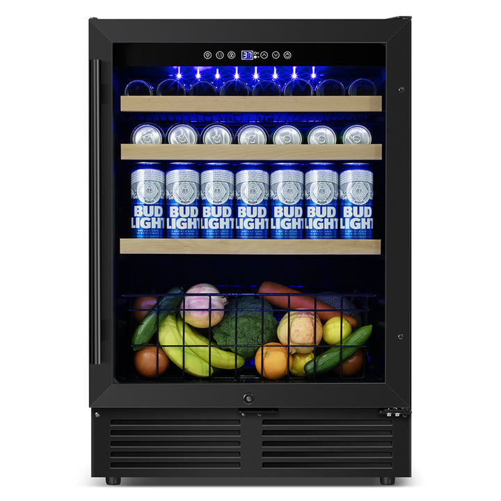 24” Black Classic Undercounter 160-Can Beer and Beverage Refrigerator with Metal Basket, Reversible Glass Door.