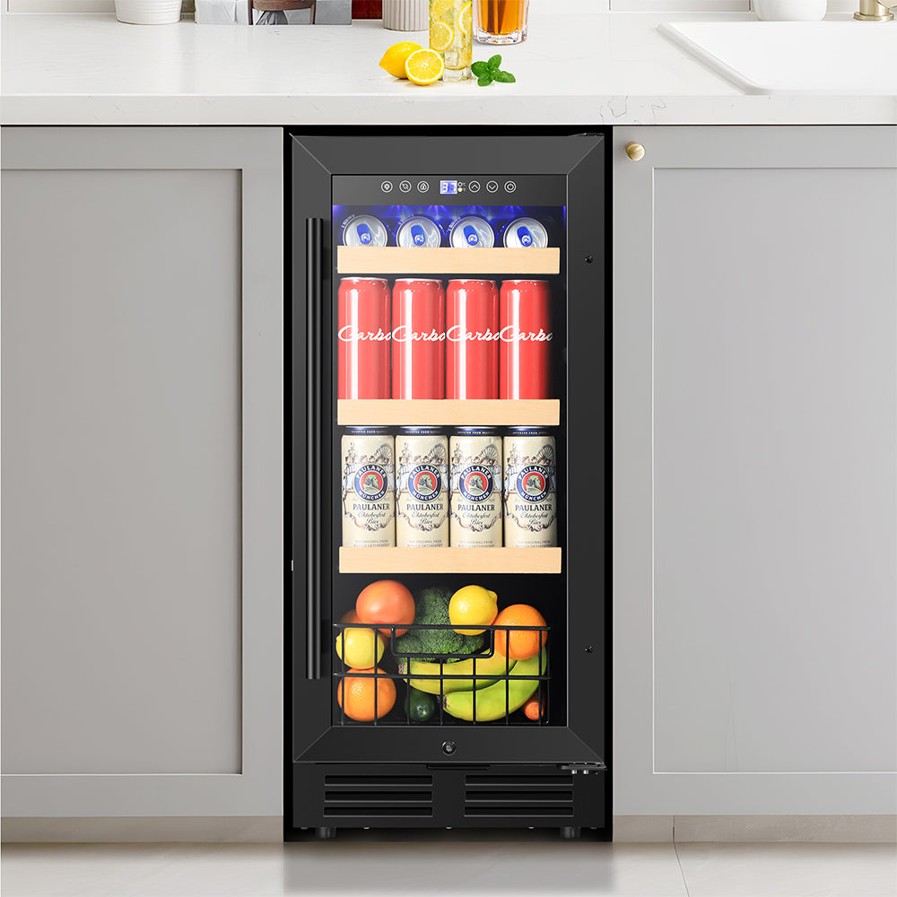 15"Black Classic Beverage Refrigerator 130-Can Beer and Beverage Refrigerator with Metal Basket, Reversible Glass Door.
