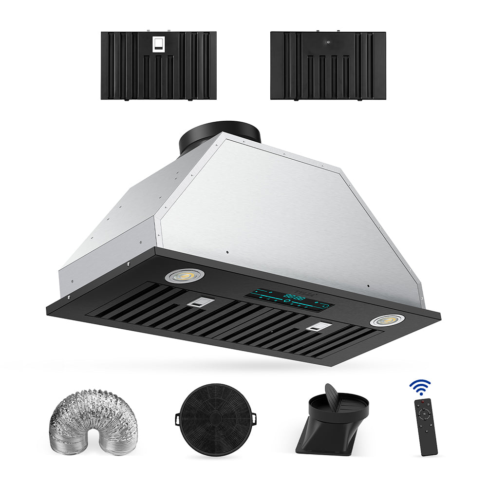30” 900 CFM Convertible Built-In Range Hood, Digital Control Panel, Charcoal Filter, Stainless Steel Black.