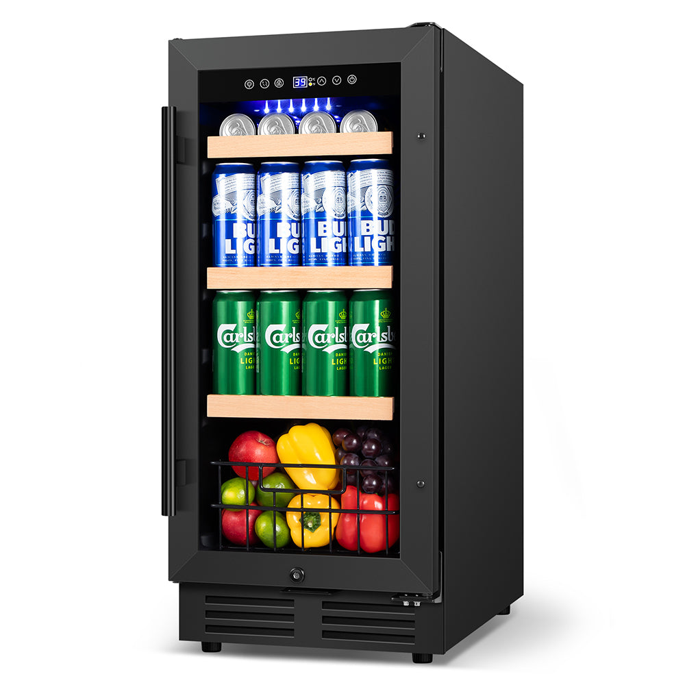 15"Black Classic Beverage Refrigerator 130-Can Beer and Beverage Refrigerator with Metal Basket, Reversible Glass Door