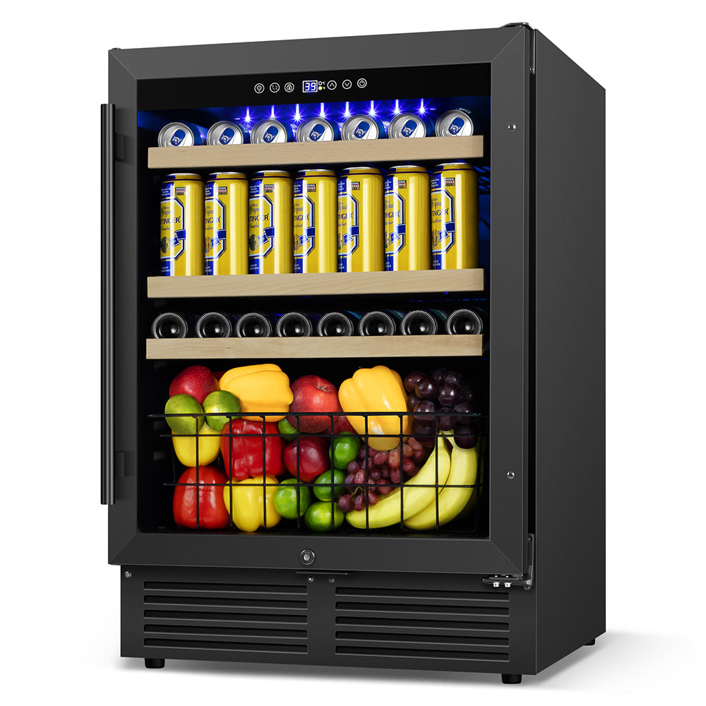 24” Black Classic Undercounter 160-Can Beer and Beverage Refrigerator with Metal Basket, Reversible Glass Door