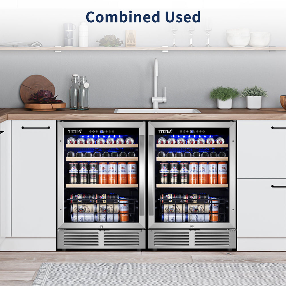 48"Beverage Refrigerator 300 Can Dual Zone Built-In Split Beer Cooler with Two Bottom Baskets, Reversible Door.