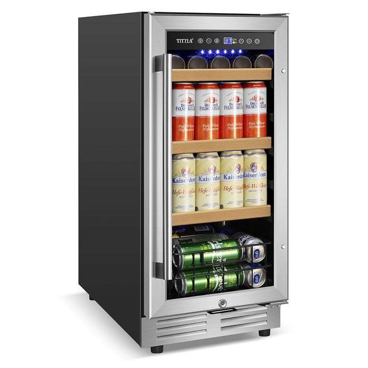 15" Beverage Refrigerator 130 Can Built-In Beer Cooler with Double Handles and Reversible Hinges, Bottom Basket.
