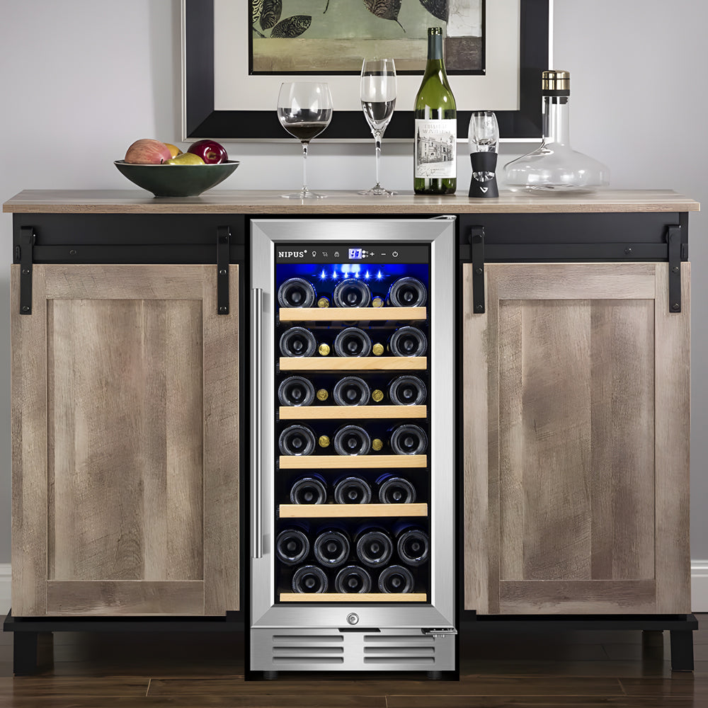 15" Silver Wine Cooler - 30 Bottle Capacity, Built-In or Freestanding, Single Zone Temperature Control.