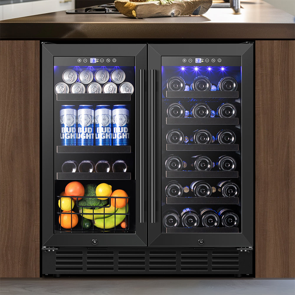 30'' Dual Zone Wine and Beverage Refrigerator 29 Bottles 88 Cans with Metal Basket and LED Lights Classic Series Black