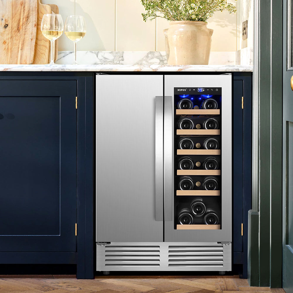 24" Dual Zone Built-In and Freestanding French Door 18 Bottle and 57 Can Wine and Beverage Refrigerator