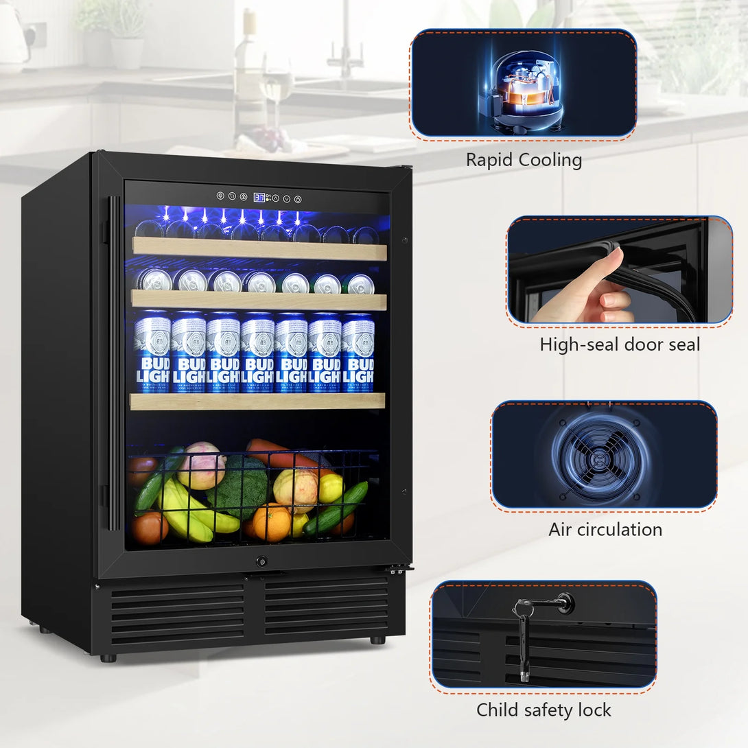 Tittla 24 Inch Wine and Beverage Refrigerator, 4.9 Cu.Ft. Under Counter Build-in Beer Soda Chiller With Glass Door - Tylza