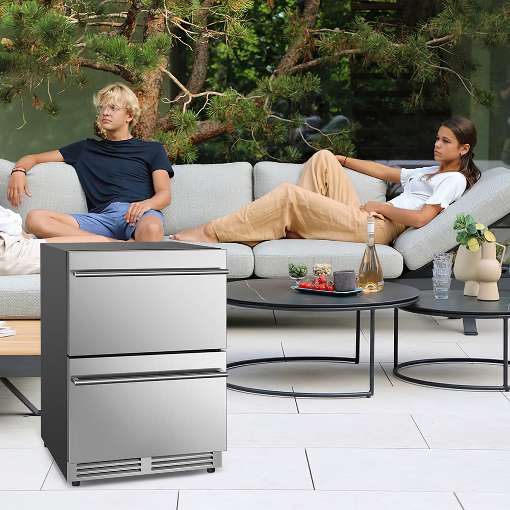 24" Undercounter Drawer Refrigerator - 133-Can Capacity, Blue LED Lighting, Includes 2 Adjustable Grid Organizer Shelves.