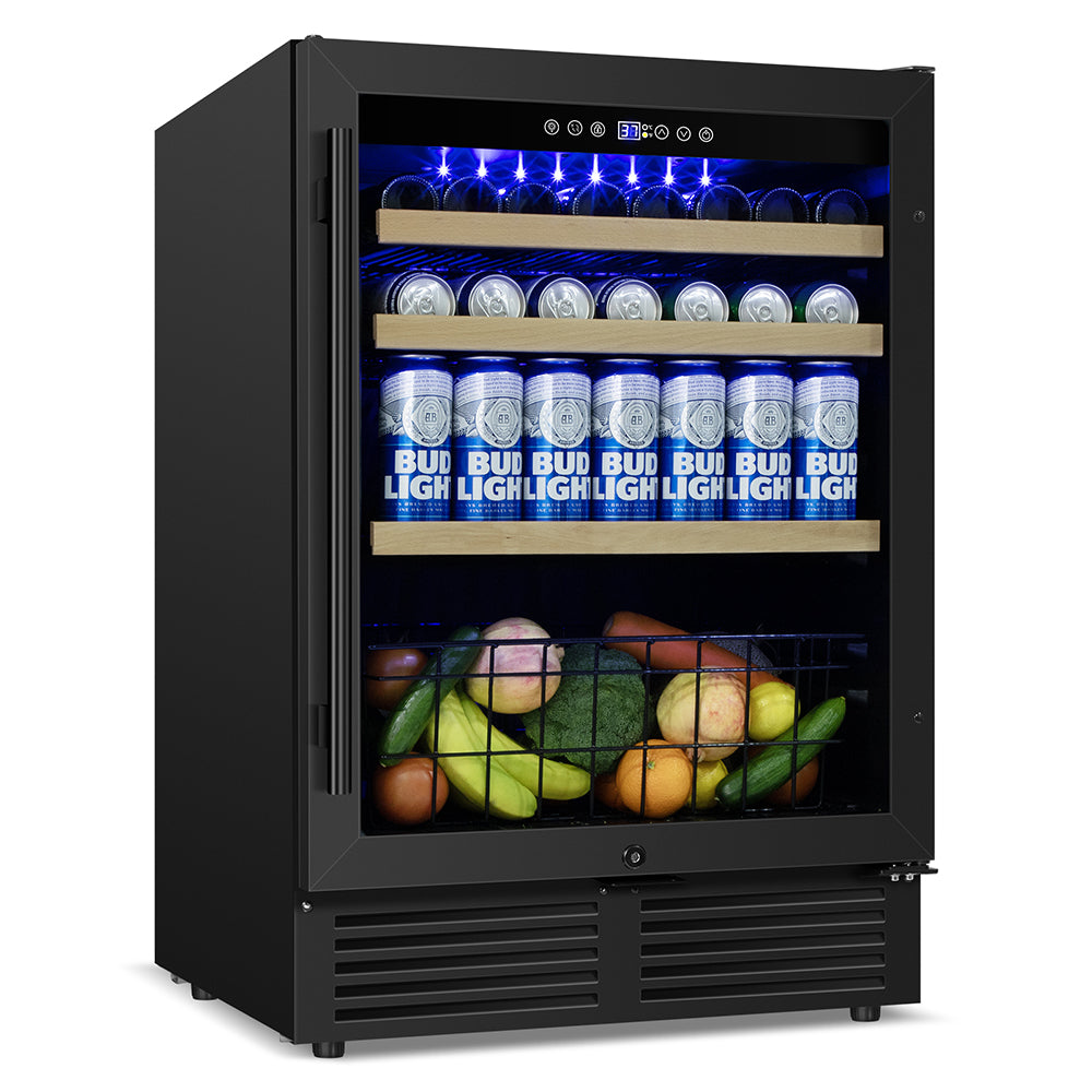 24” Black Classic Undercounter 160-Can Beer and Beverage Refrigerator with Metal Basket, Reversible Glass Door