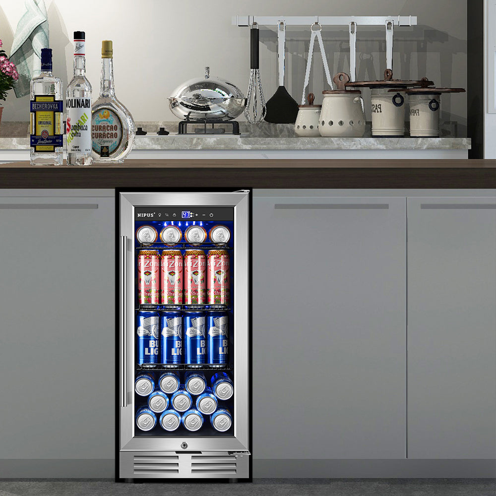 15" Single Zone Beverage Refrigerator - 130-Can Capacity, Built-In or Freestanding, with 3 Adjustable Wire Shelves.