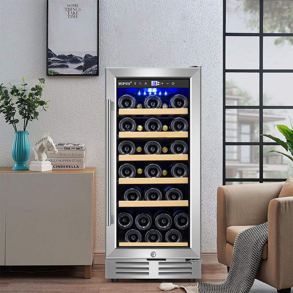 15" Silver Wine Cooler - 30 Bottle Capacity, Built-In or Freestanding, Single Zone Temperature Control.