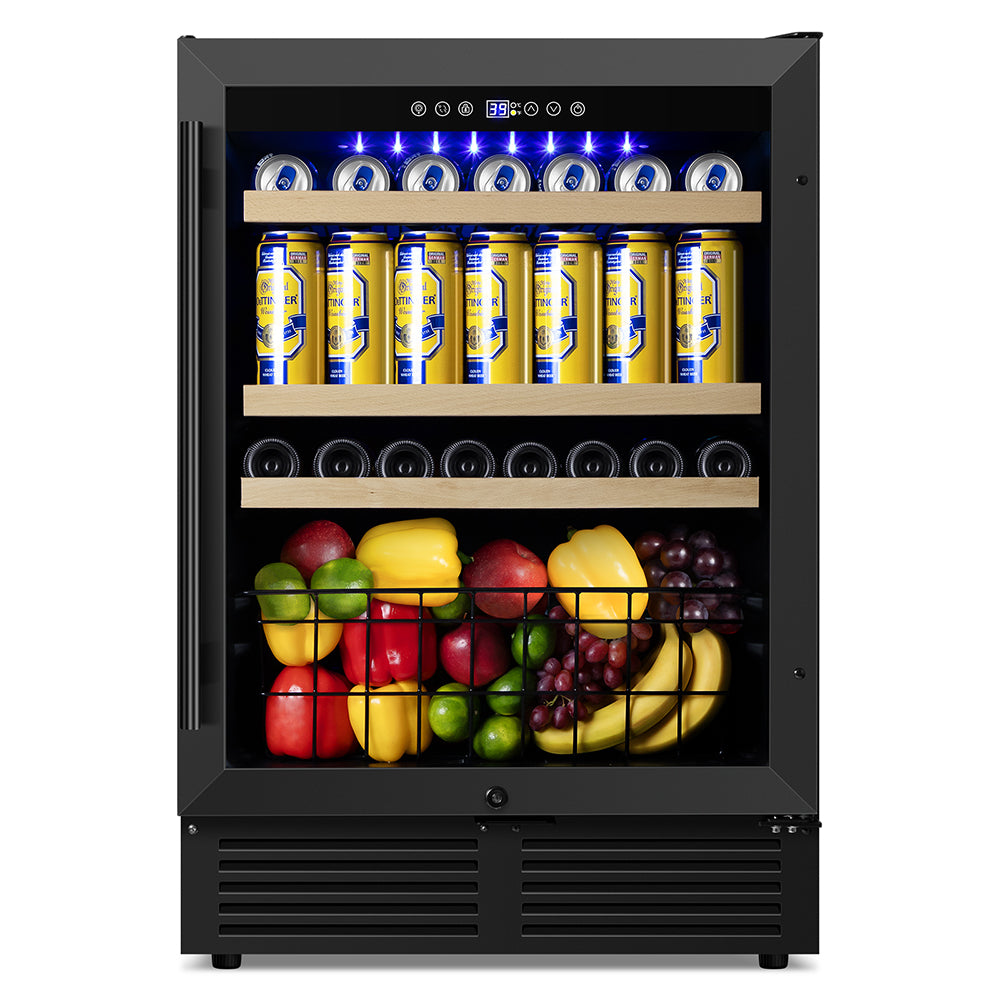 24” Black Classic Undercounter 160-Can Beer and Beverage Refrigerator with Metal Basket, Reversible Glass Door