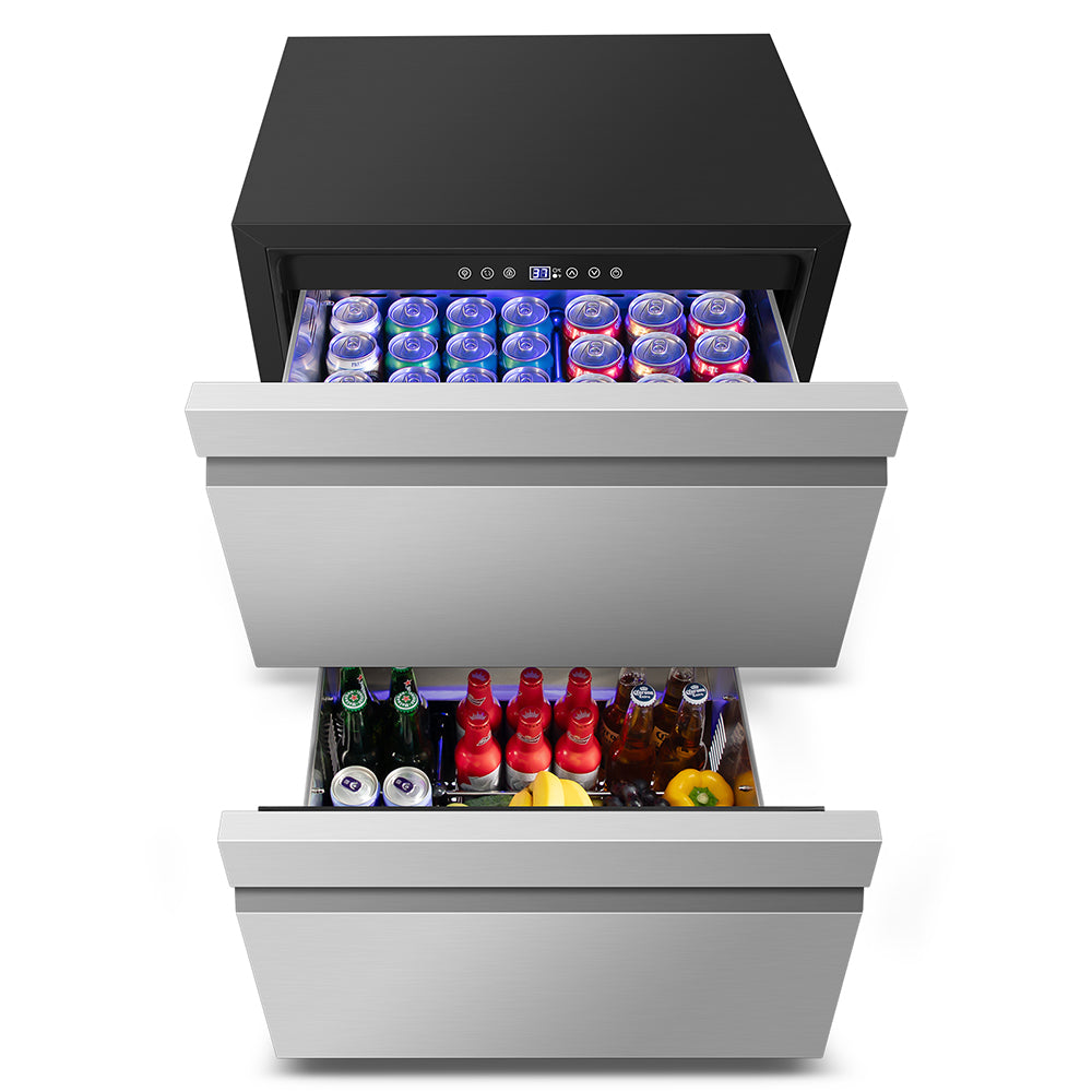 24-Inch Drawer Beverage Cooler, 150 Can Capacity, Concealed Door Handle, 2 Grid Organizers, Swivel Casters