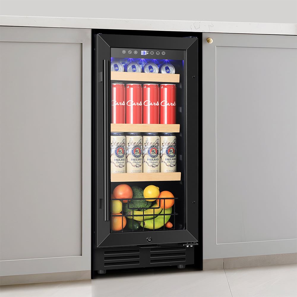 15"Black Classic Beverage Refrigerator 130-Can Beer and Beverage Refrigerator with Metal Basket, Reversible Glass Door