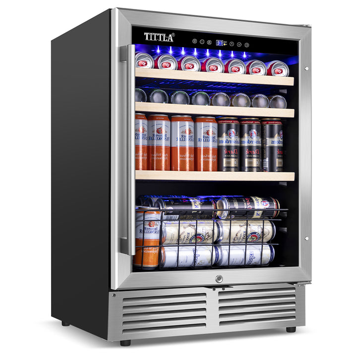24'' Single Zone 150-Can Capacity Reversible Door Hinged Beverage Refrigerator with Bottom Basket and Stainless Steel Finish.