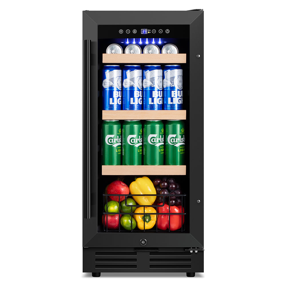 15"Black Classic Beverage Refrigerator 130-Can Beer and Beverage Refrigerator with Metal Basket, Reversible Glass Door