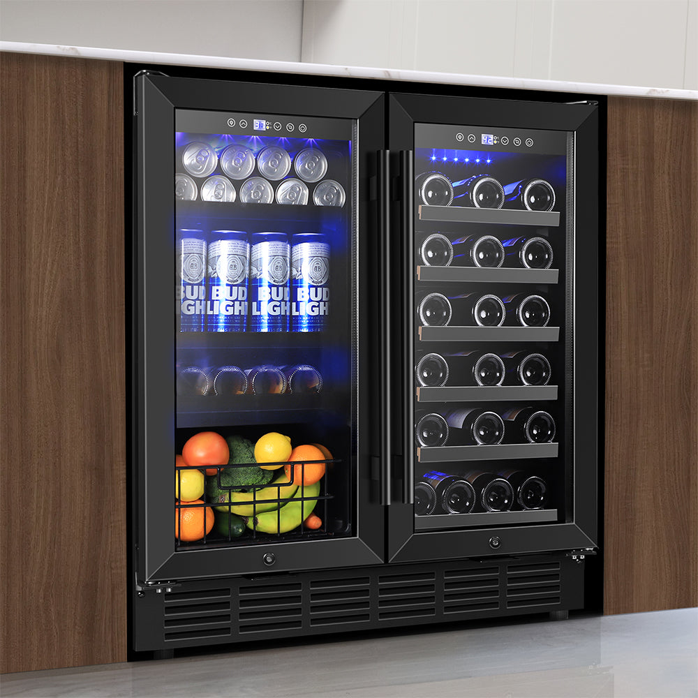 30'' Dual Zone Wine and Beverage Refrigerator 29 Bottles 88 Cans with Metal Basket and LED Lights Classic Series Black