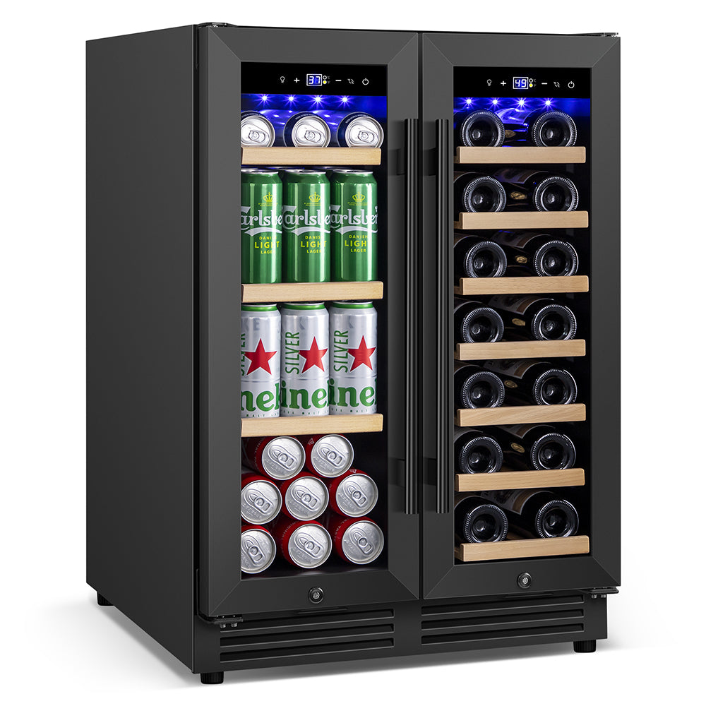 24'' Undercounter Dual Zone Wine and Beverage Refrigerator 20-Bottle & 60-Can, Built-In or Freestanding, Black Classic Beverage Wine Cooler