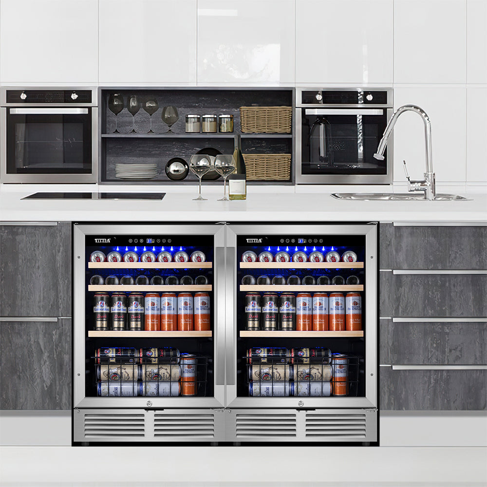 48"Beverage Refrigerator 300 Can Dual Zone Built-In Split Beer Cooler with Two Bottom Baskets, Reversible Door