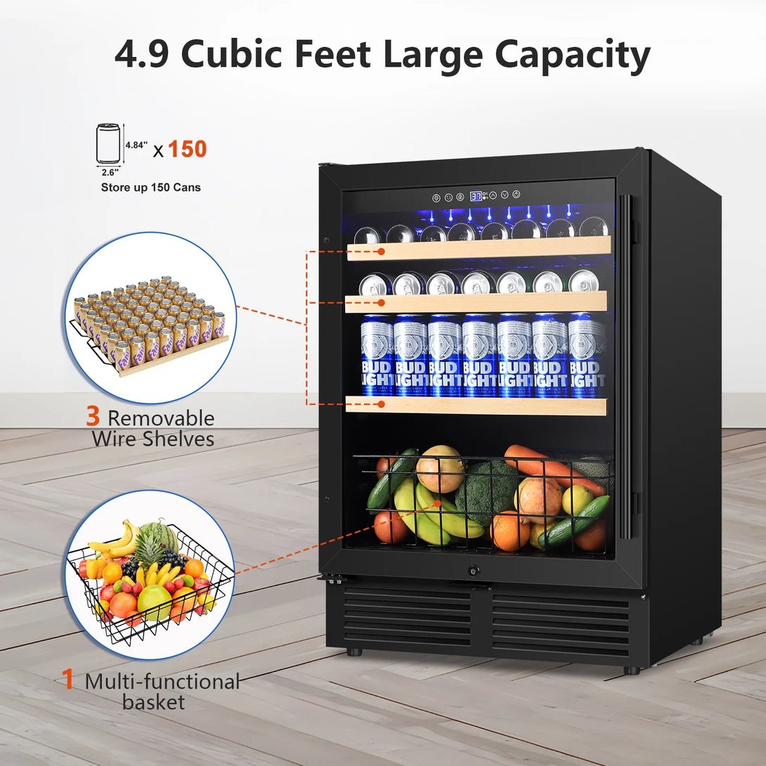 Tittla 24 Inch Wine and Beverage Refrigerator, 4.9 Cu.Ft. Under Counter Build-in Beer Soda Chiller With Glass Door - Tylza
