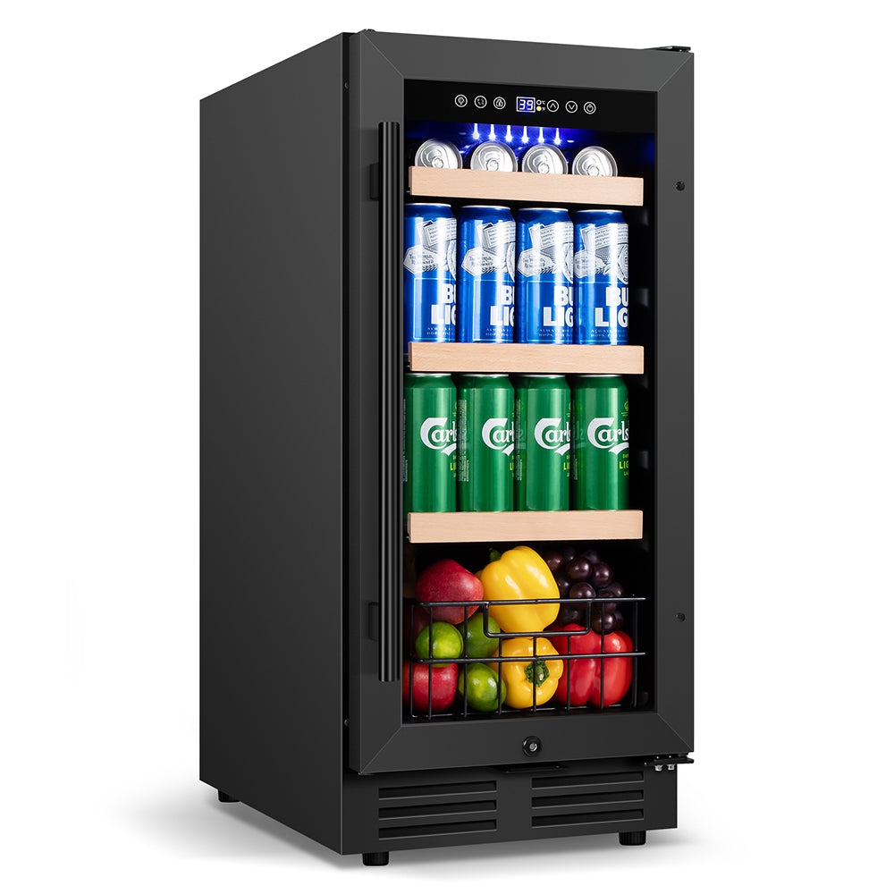 15"Black Classic Beverage Refrigerator 130-Can Beer and Beverage Refrigerator with Metal Basket, Reversible Glass Door