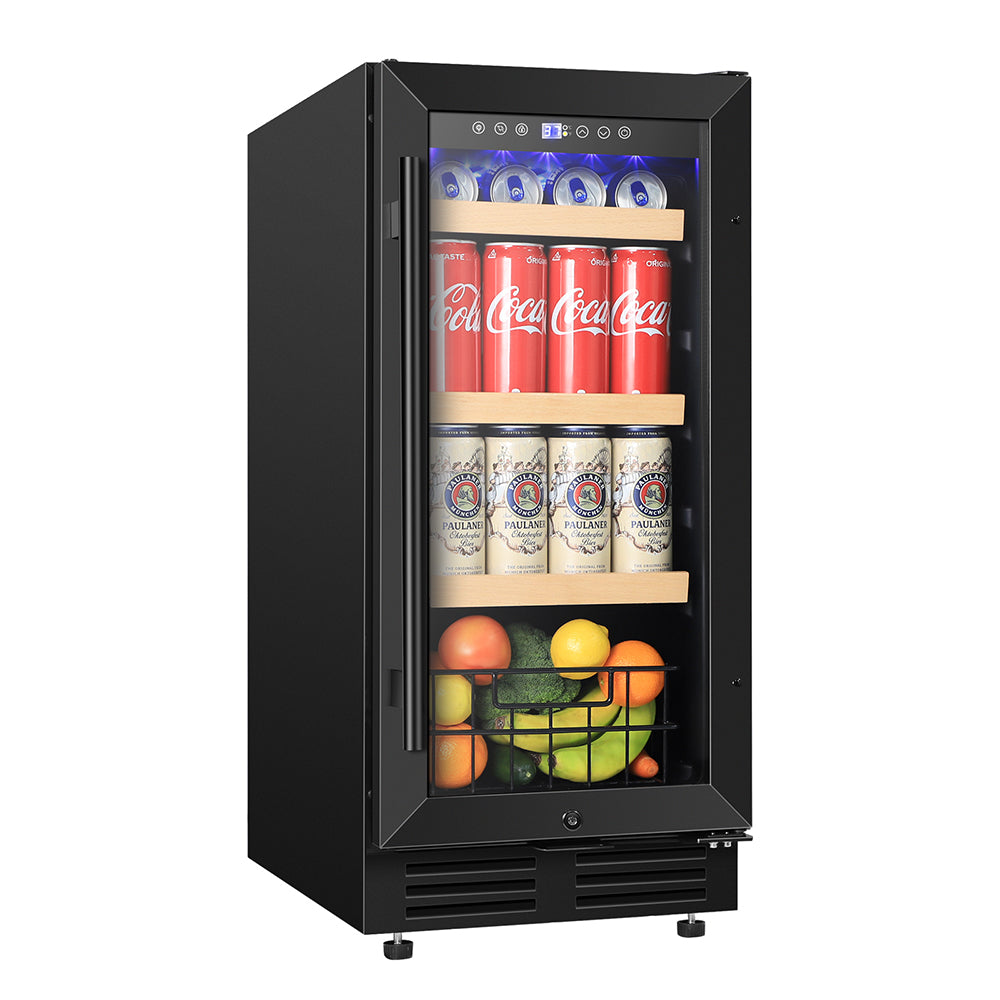 15"Black Classic Beverage Refrigerator 130-Can Beer and Beverage Refrigerator with Metal Basket, Reversible Glass Door.