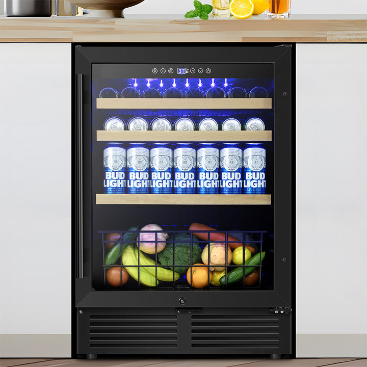 24” Black Classic Undercounter 160-Can Beer and Beverage Refrigerator with Metal Basket, Reversible Glass Door.