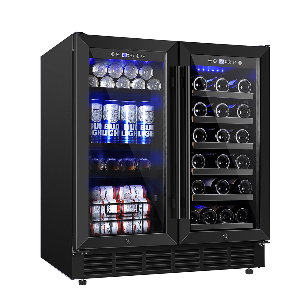 30'' Dual Zone Wine and Beverage Refrigerator 29 Bottles 88 Cans with Metal Basket and LED Lights Classic Series Black