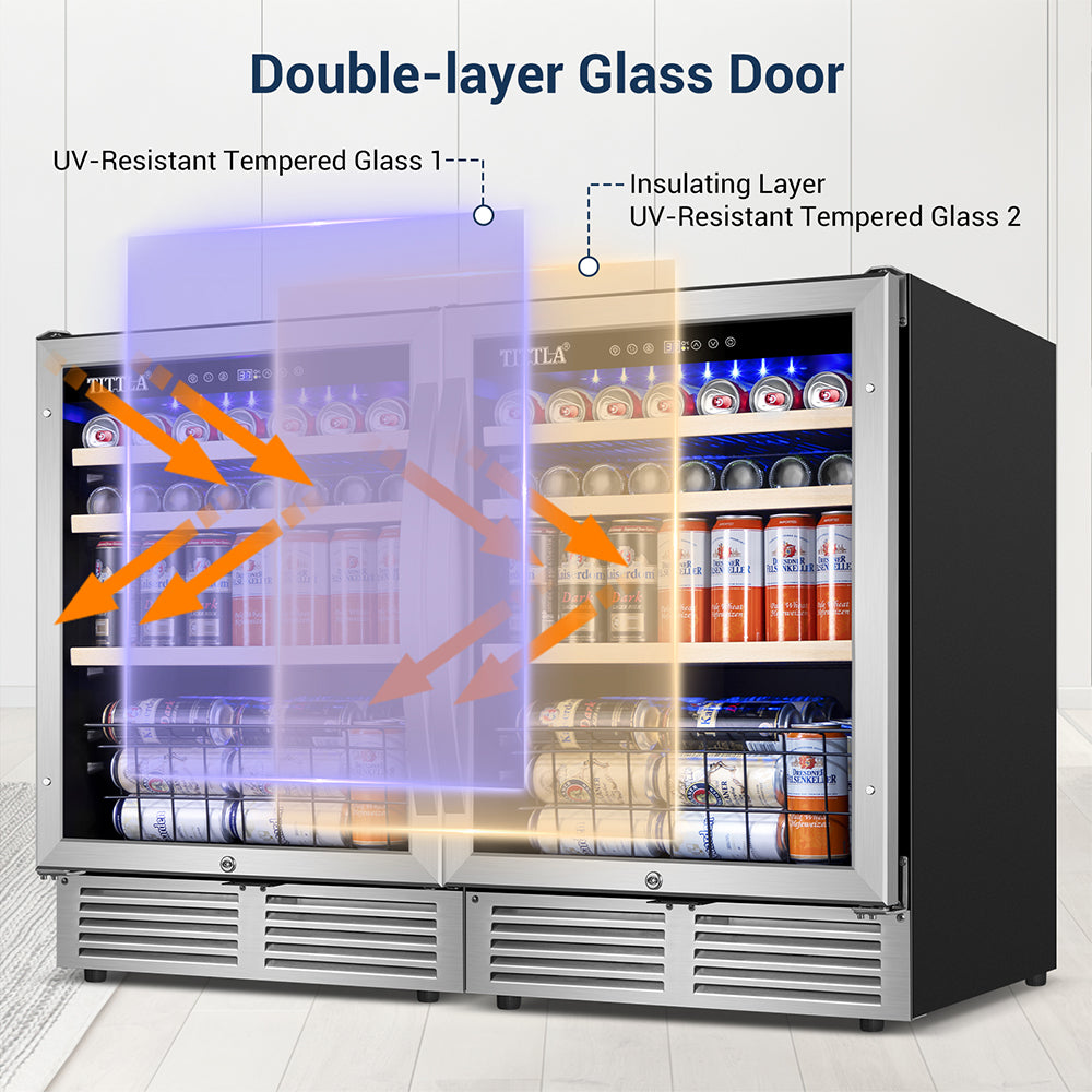 48"Beverage Refrigerator 300 Can Dual Zone Built-In Split Beer Cooler with Two Bottom Baskets, Reversible Door.