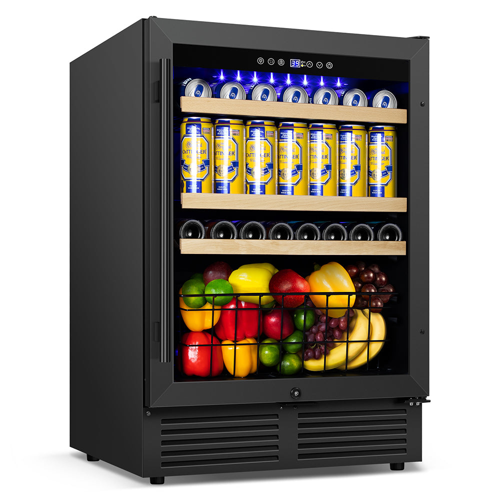 24” Black Classic Undercounter 160-Can Beer and Beverage Refrigerator with Metal Basket, Reversible Glass Door