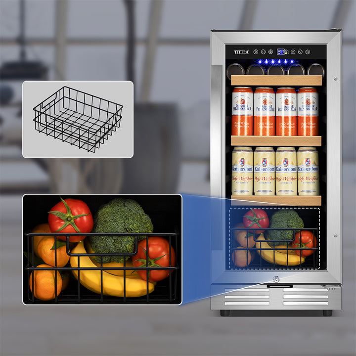 15" Beverage Refrigerator 130 Can Built-In Beer Cooler with Double Handles and Reversible Hinges, Bottom Basket.