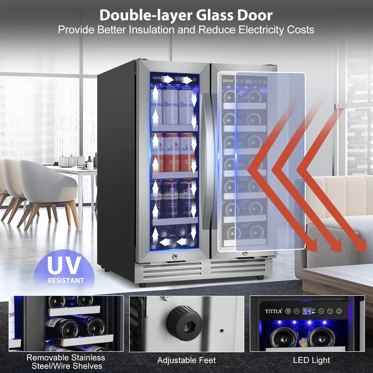 Tittla 24 Inch Wine and Beverage Refrigerators Cooler,18-Wine Bottles and 57 Cans,Dual Zone,Under Counter - Tylza