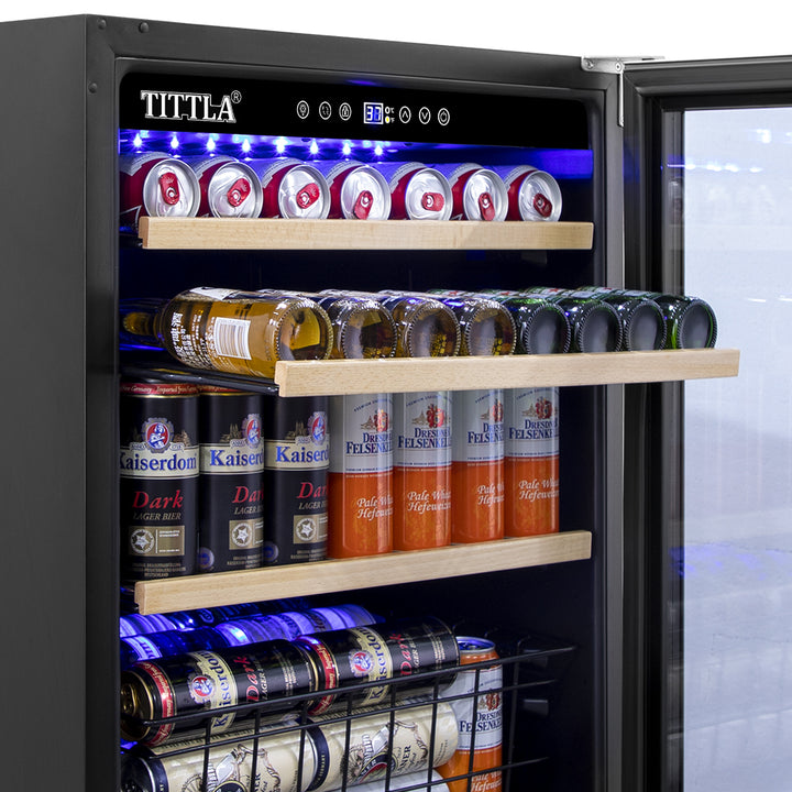 24'' Single Zone 150-Can Capacity Reversible Door Hinged Beverage Refrigerator with Bottom Basket and Stainless Steel Finish.