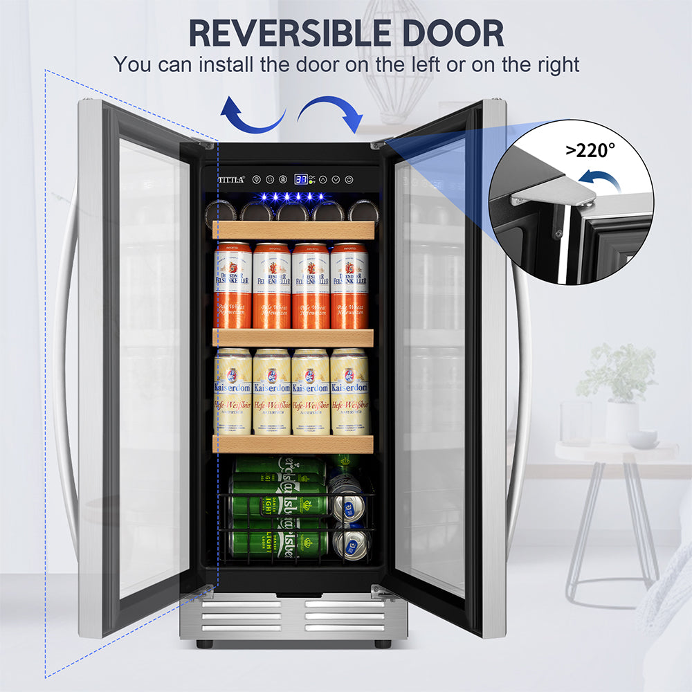 15" Beverage Refrigerator 130 Can Built-In Beer Cooler with Double Handles and Reversible Hinges, Bottom Basket